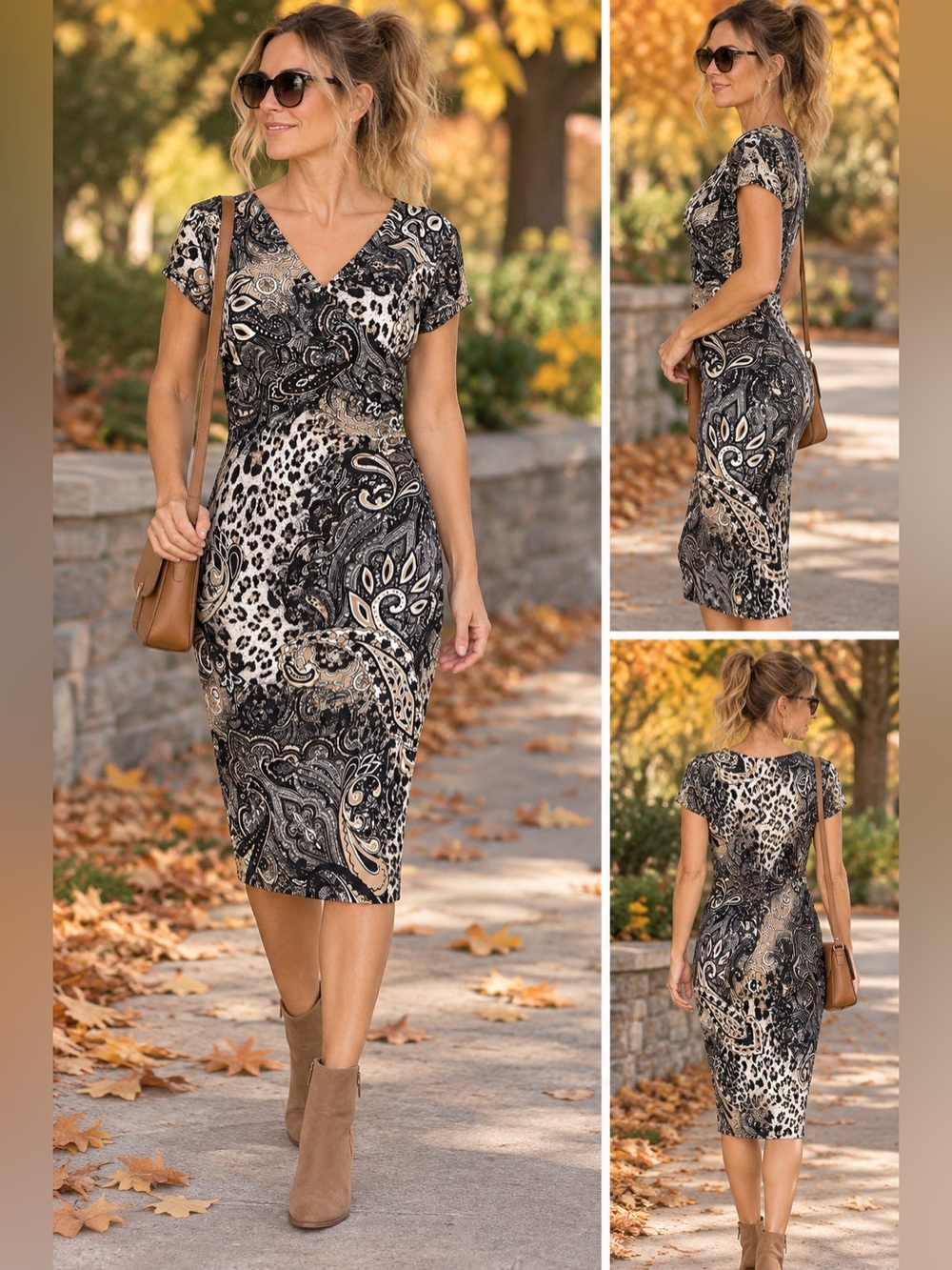 Joseph Ribkoff Dress Size 4 Paisley Leopard Ruched Sheath Coctail